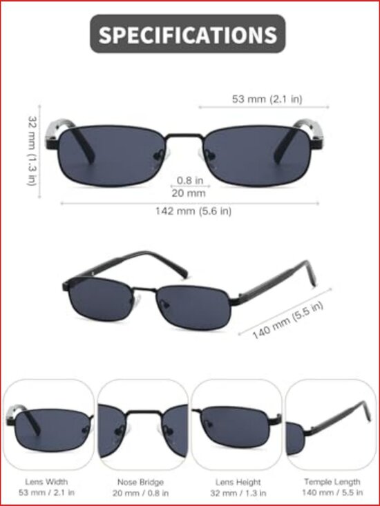 Retro Rectangular Sunglasses UV400 Metal Frame Unisex Medium Fit